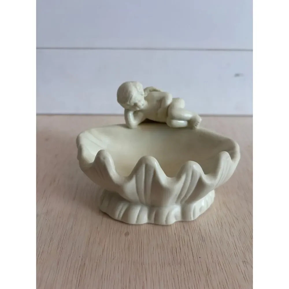 Vintage Cherub Angel Shell Soap Dish Ceramic White Conch Vanity Sink